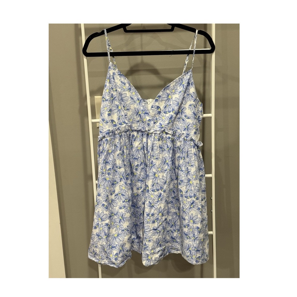 White‎ Blue Yellow Floral Babydoll Mini Dress Cottagecore Softgirl 100% Cotton L
